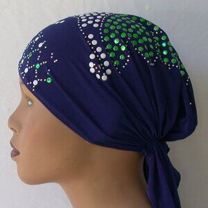 BLUE Pre-Tied Stud Chemo Cap Slip On Bonnet Hijab Undercap #3